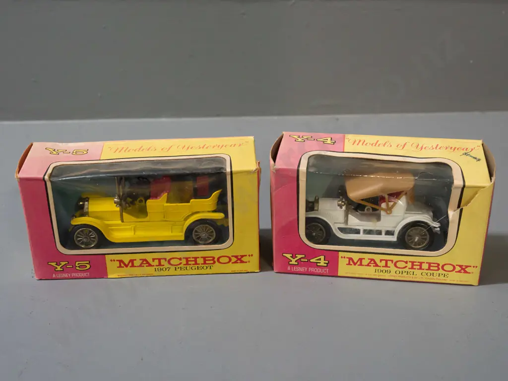 2 Lesney Matchbox Models of Yesteryear in original boxes - models Y-4 1909 Opel Coupe and Y-5 1907 Peugot - wear and Image 1++