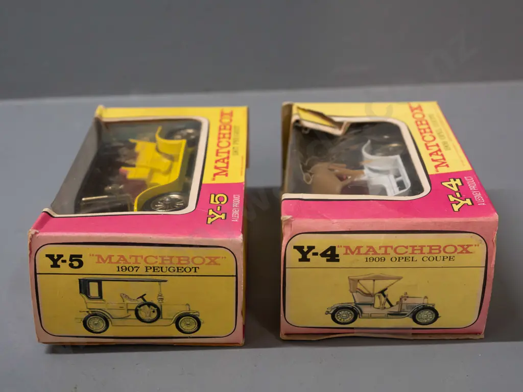 2 Lesney Matchbox Models of Yesteryear in original boxes - models Y-4 1909 Opel Coupe and Y-5 1907 Peugot - wear and Image 1++