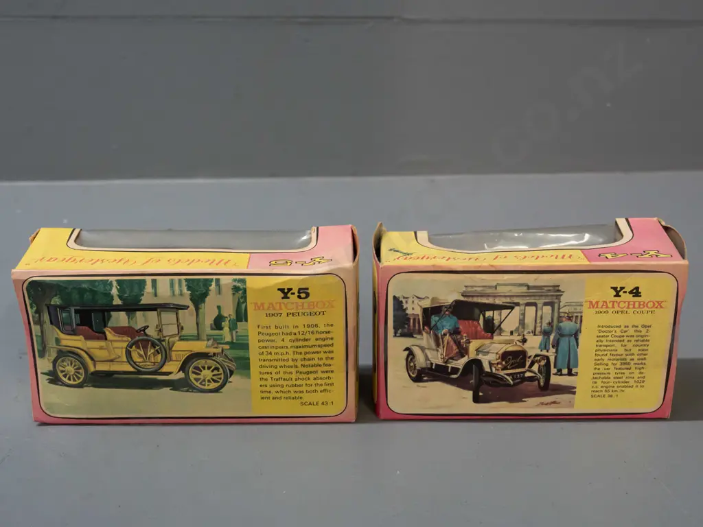 2 Lesney Matchbox Models of Yesteryear in original boxes - models Y-4 1909 Opel Coupe and Y-5 1907 Peugot - wear and Image 1++