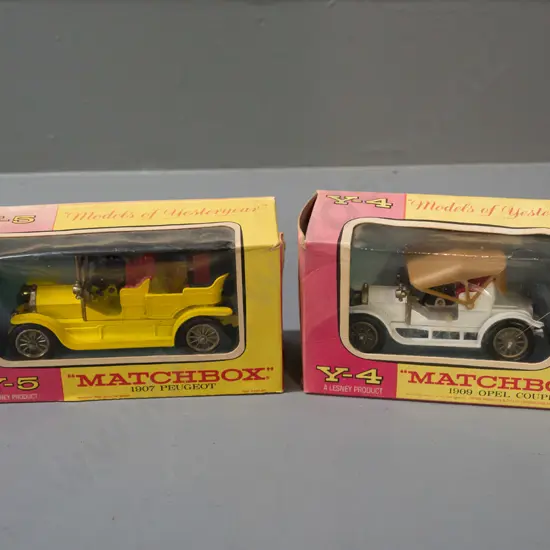 2 Lesney Matchbox Models of Yesteryear in original boxes - models Y-4 1909 Opel Coupe and Y-5 1907 Peugot - wear and