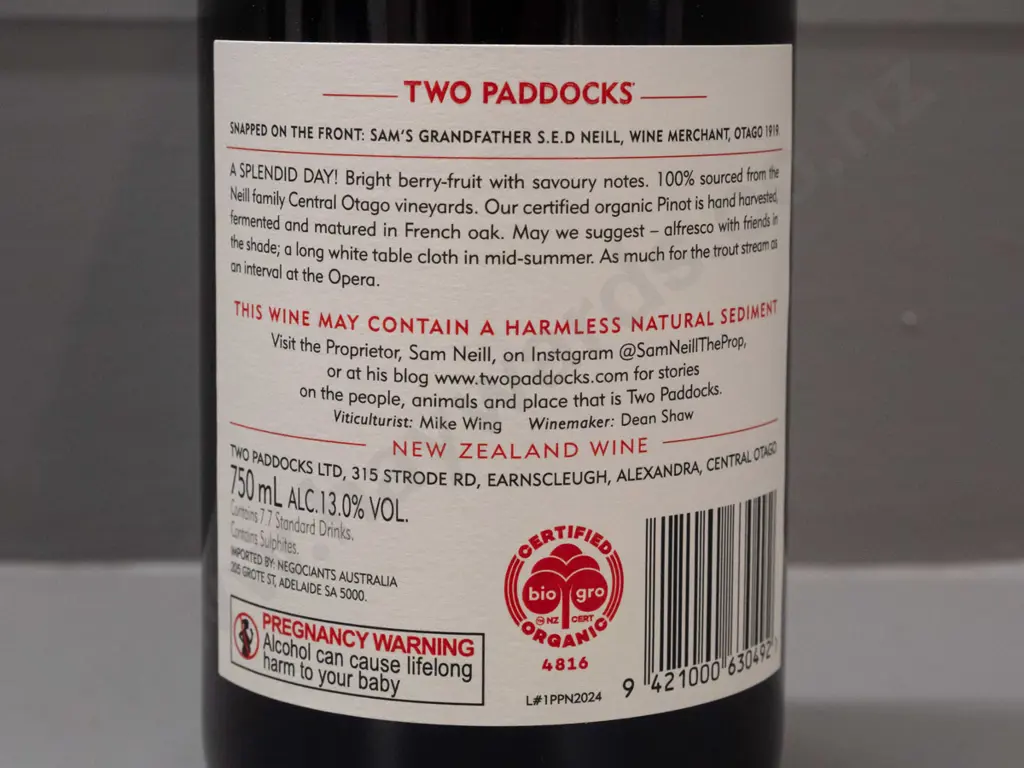 bottle of Two Paddocks 2024 Central Otago "Picnic" organic Pinot Noir 750ml Image 1++