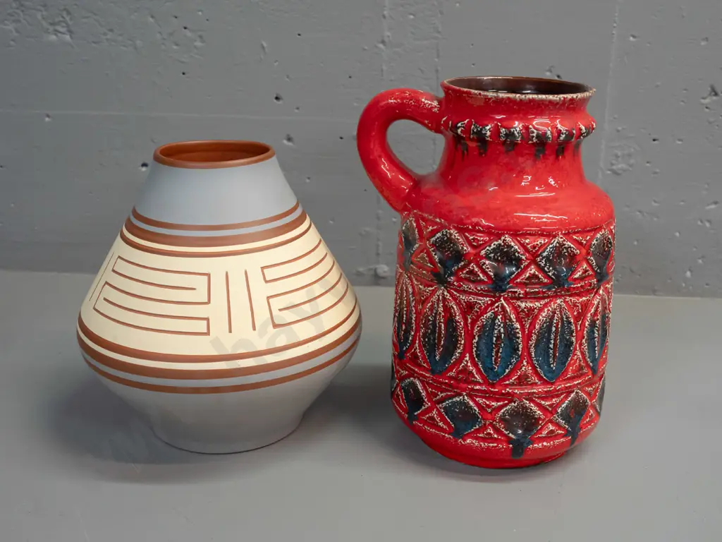 2 German pottery vases - red handled jug H-260 and sgraffito pattern over ivory, grey and brown Image 1++