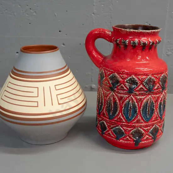 2 German pottery vases - red handled jug H-260 and sgraffito pattern over ivory, grey and brown