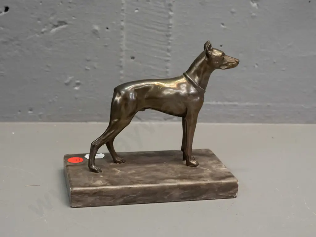 cast metal bronze finish dog figure on marble or stone base - some wear to plating H-130 L-140 W-80 Image 1++