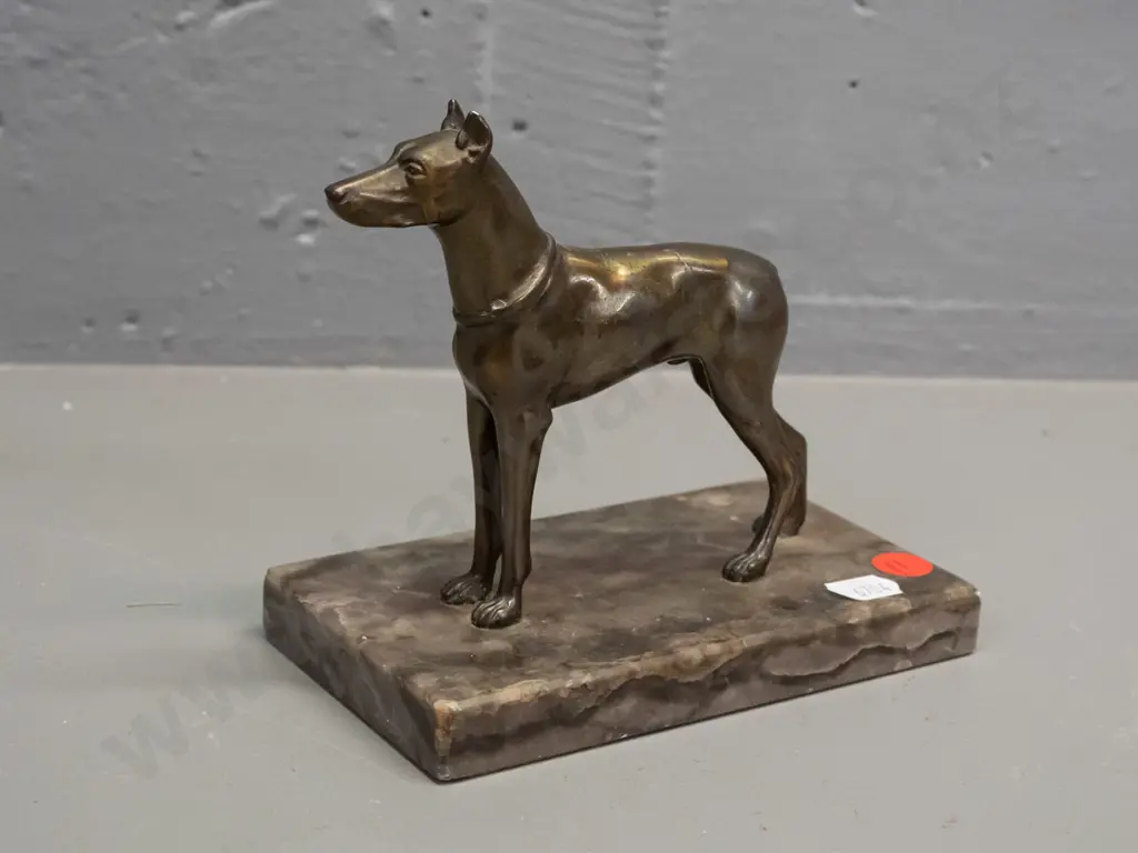 cast metal bronze finish dog figure on marble or stone base - some wear to plating H-130 L-140 W-80 Image 1++