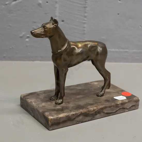 cast metal bronze finish dog figure on marble or stone base - some wear to plating H-130 L-140 W-80