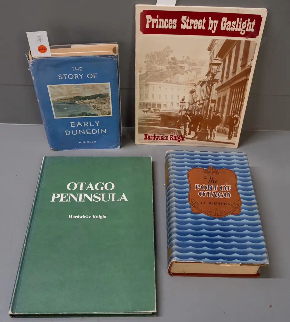 4 local history books - Story of Early Dunedin, McClintock's Port of Otago and 2 Hardwicke Knight - some wear and some Image 1++