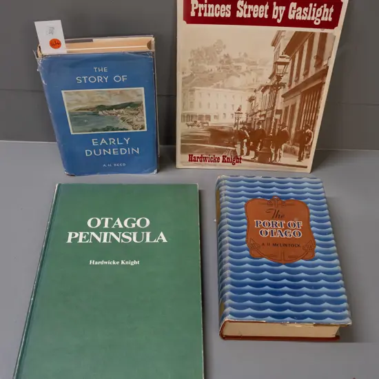 4 local history books - Story of Early Dunedin, McClintock's Port of Otago and 2 Hardwicke Knight - some wear and some