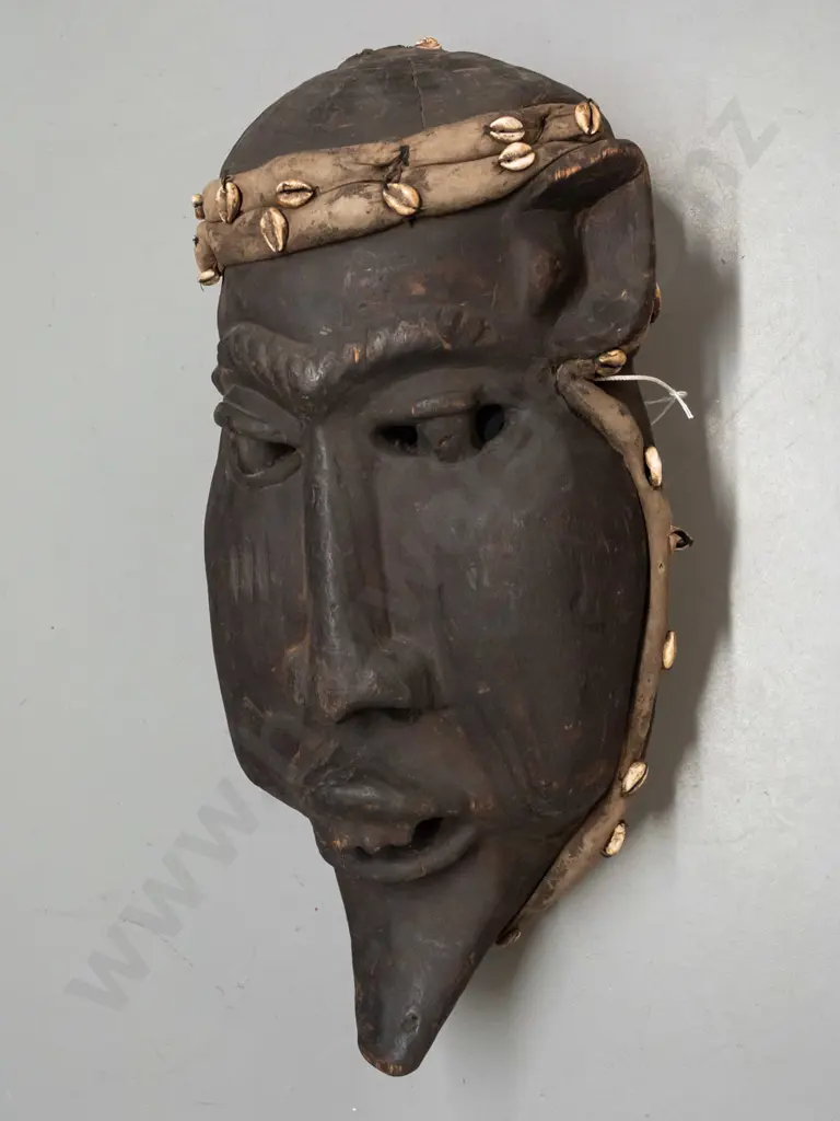 African large carved timber mask with textile and shell decoration - Gongoli / Sierra Leone - some missing shells & Image 1++