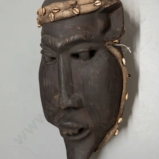 African large carved timber mask with textile and shell decoration - Gongoli / Sierra Leone - some missing shells &