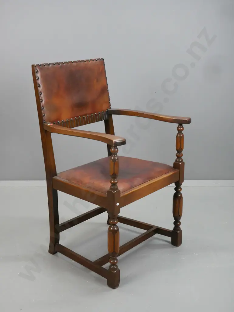 vintage arts & crafts style open-armed chair with turned supports, stretcher base, leather upholstered seat and back, Image 1++