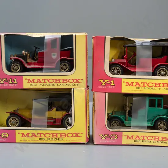 4 Lesney Matchbox Models of Yesteryear in original boxes - Y-1 1911 Ford Model T, Y-3 1910 Benz limousine, Y-9 1912
