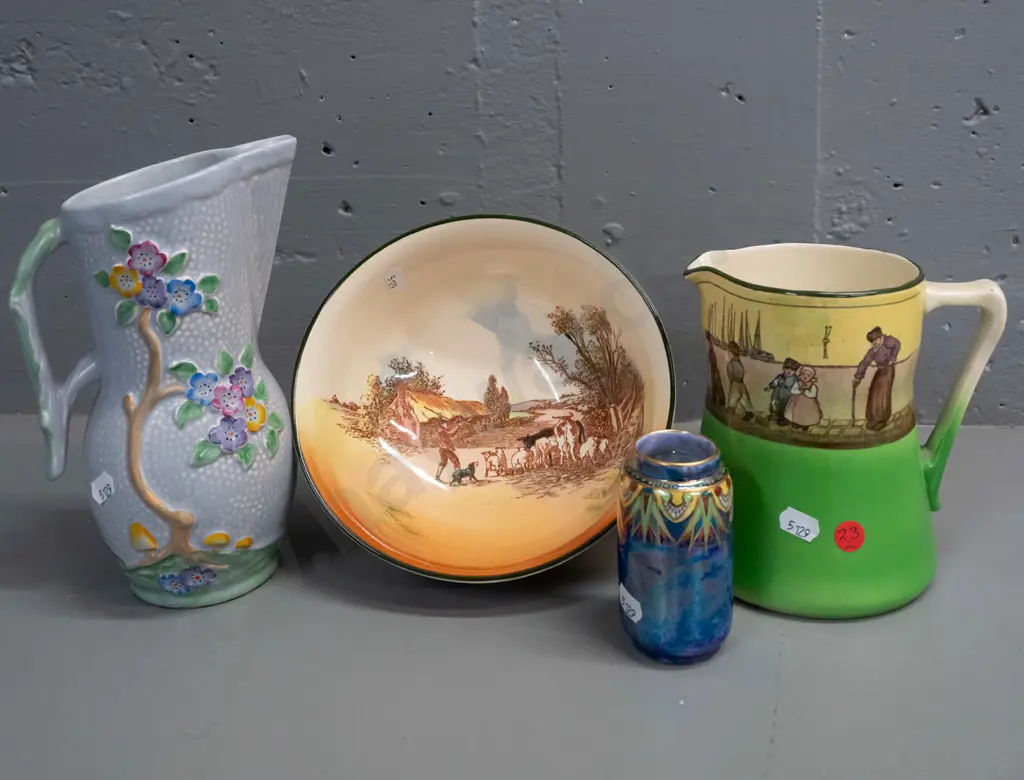 Royal Doulton Rustic England bowl, Dutch canal scene jug, Crown Devon jug with raised floral decoration and Grimwades Image 1++