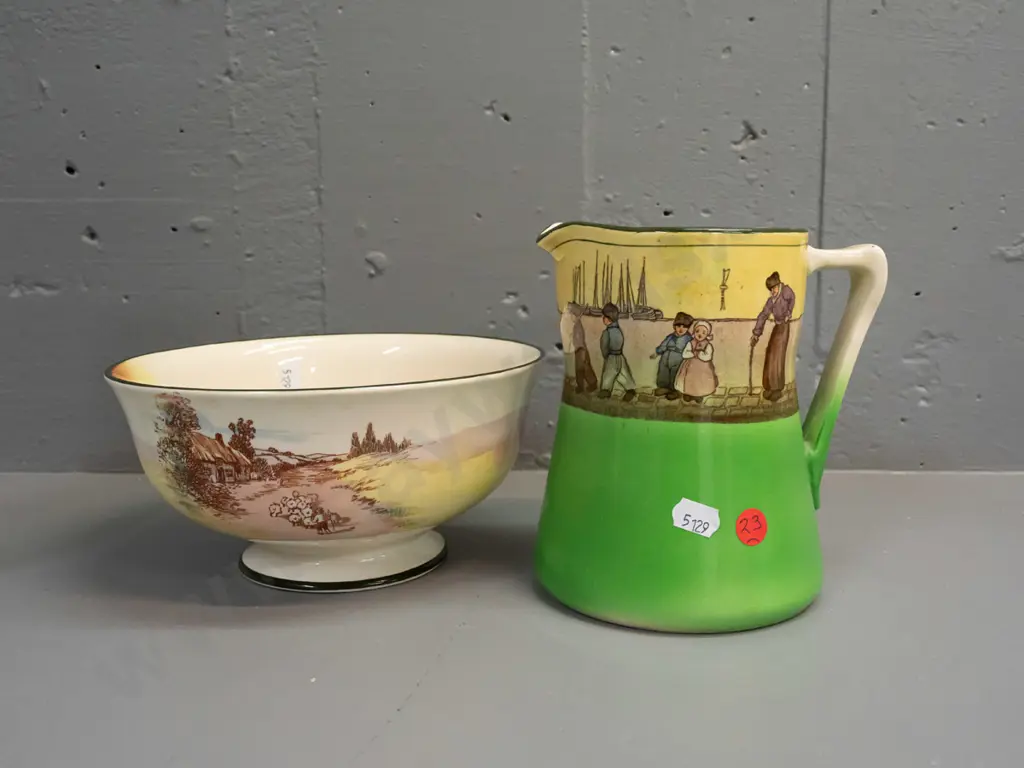Royal Doulton Rustic England bowl, Dutch canal scene jug, Crown Devon jug with raised floral decoration and Grimwades Image 1++