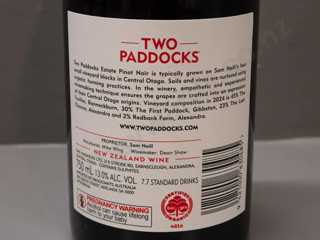 bottle of Two Paddocks 2024 Central Otago organic Pinot Noir 750ml Image 1++
