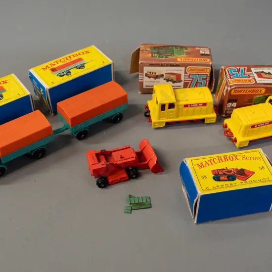 5 Matchbox vehicles with original boxes - New Model 1 & 2 Mercedes truck and trailer, 2 diesel shunters and a Drott