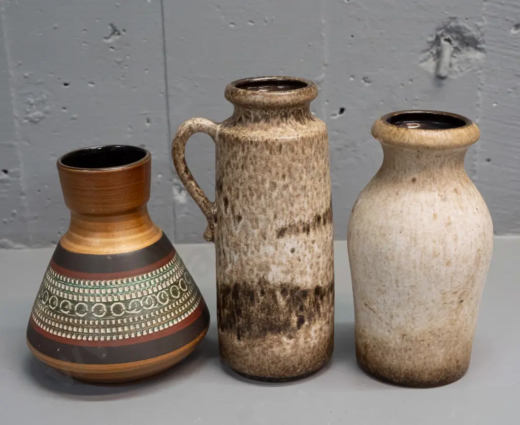 3 German pottery items - 3 vases including a  jug vase, short banded sgraffito style - largest is handled jug H-200 Image 1++