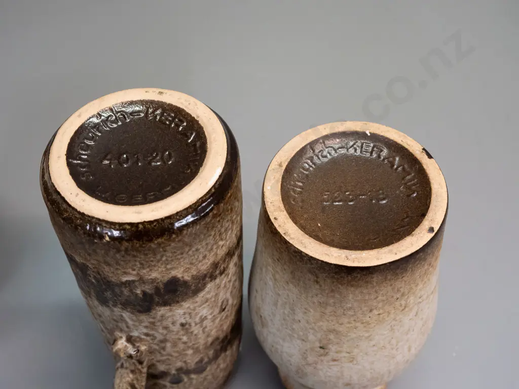 3 German pottery items - 3 vases including a  jug vase, short banded sgraffito style - largest is handled jug H-200 Image 1++