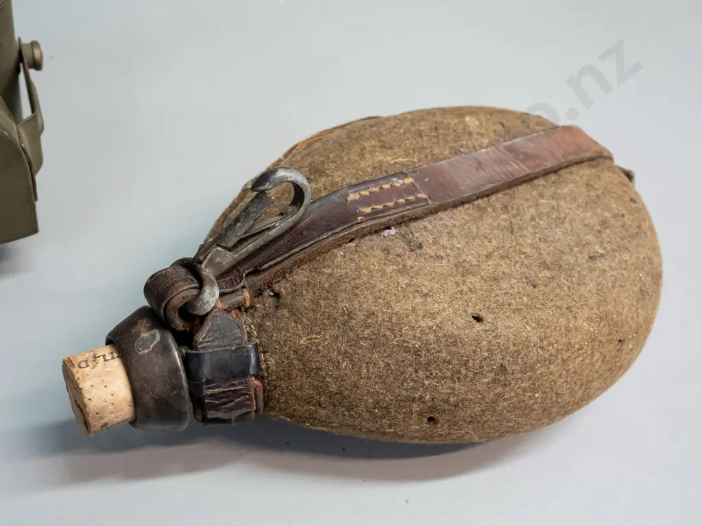 WW1-era German water bottle / canteen with felt cover, leather strap, replacement cork, and 2 battery powered military Image 1++