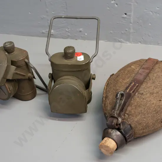 WW1-era German water bottle / canteen with felt cover, leather strap, replacement cork, and 2 battery powered military