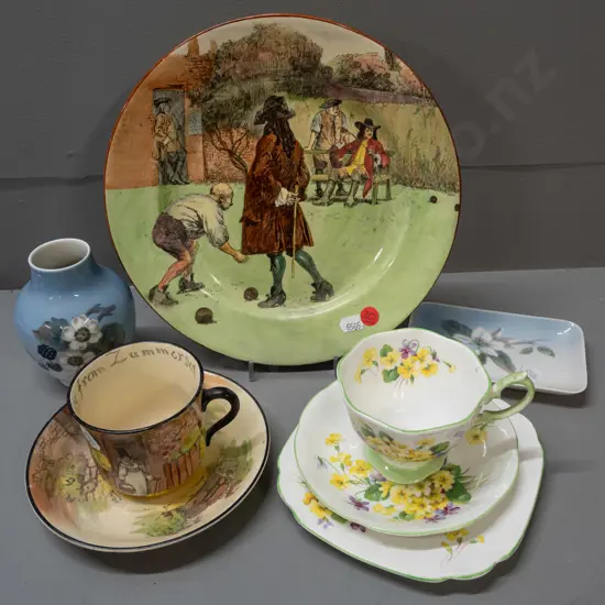 assorted china - Royal Doulton Gaffers cup & saucer, Sir Roger Coverley plate, Royal Albert Primulette trio, Royal