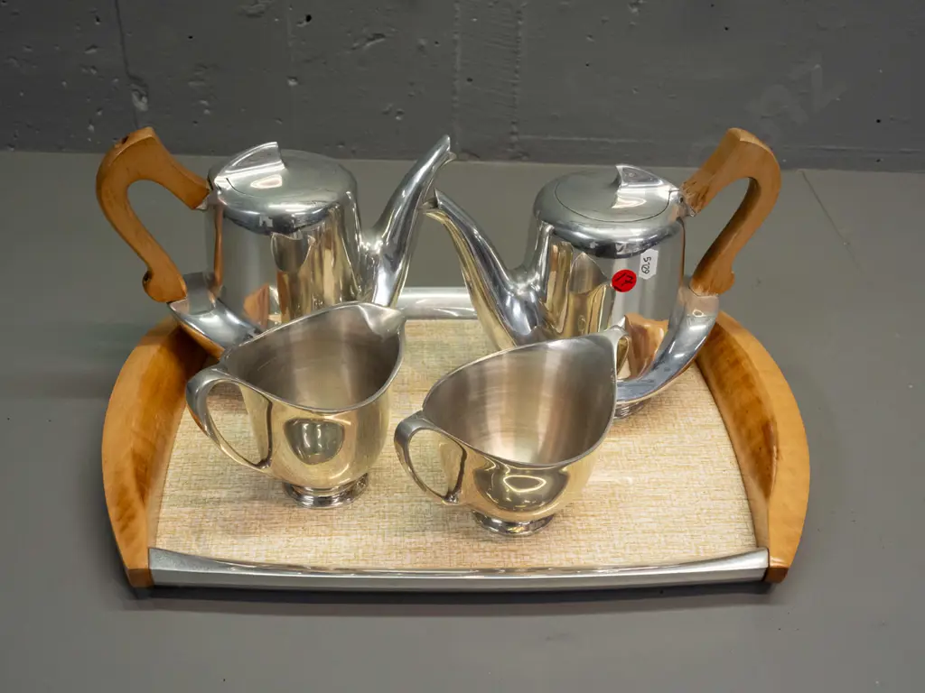 Piquot Ware England retro alloy and timber handled tea / coffee set with matching tray - some heat wear to finish on Image 1++
