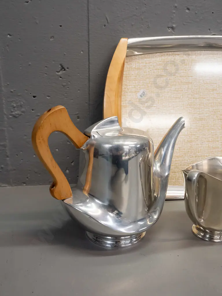 Piquot Ware England retro alloy and timber handled tea / coffee set with matching tray - some heat wear to finish on Image 1++