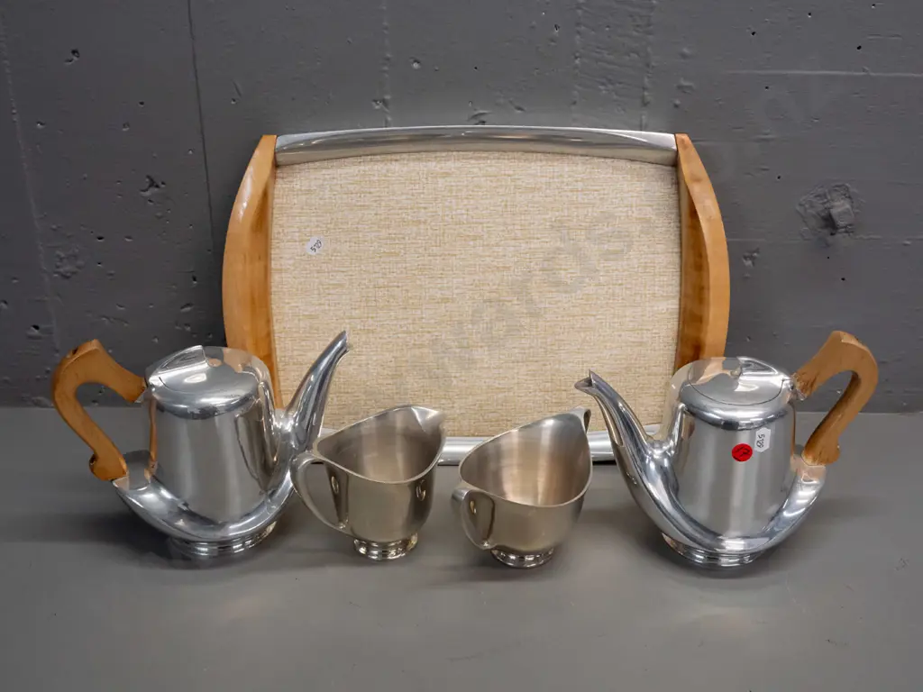 Piquot Ware England retro alloy and timber handled tea / coffee set with matching tray - some heat wear to finish on Image 1++