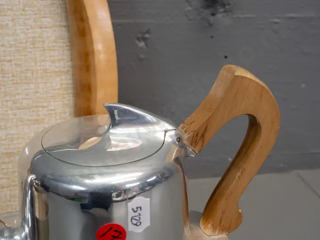 Piquot Ware England retro alloy and timber handled tea / coffee set with matching tray - some heat wear to finish on Image 1++