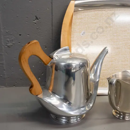 Piquot Ware England retro alloy and timber handled tea / coffee set with matching tray - some heat wear to finish on