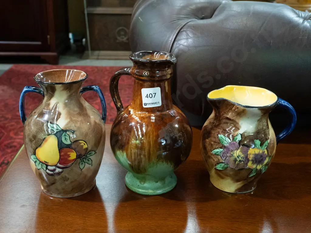 2 jugs and a handled vase - Tunstall "Viola" jug and "Luscious" vase & a Uebelacker Keramik German pottery jug H-200 Image 1++