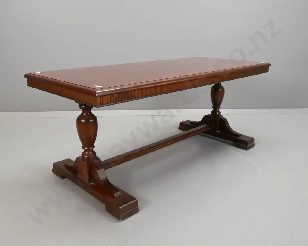 coffee table with mahogany veneer top, beech stretcher base with turned supports, fluted edge to top - a few heat marks Image 1++