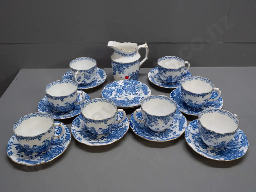 vintage Royal Crown Derby blue & white floral and pheasant motif tea ware - 8 breakfast cups & saucers, jug, 2 extra Image 1++