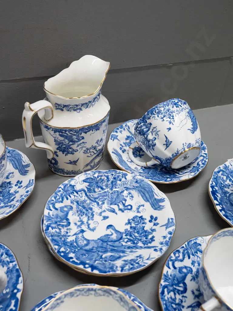 vintage Royal Crown Derby blue & white floral and pheasant motif tea ware - 8 breakfast cups & saucers, jug, 2 extra Image 1++