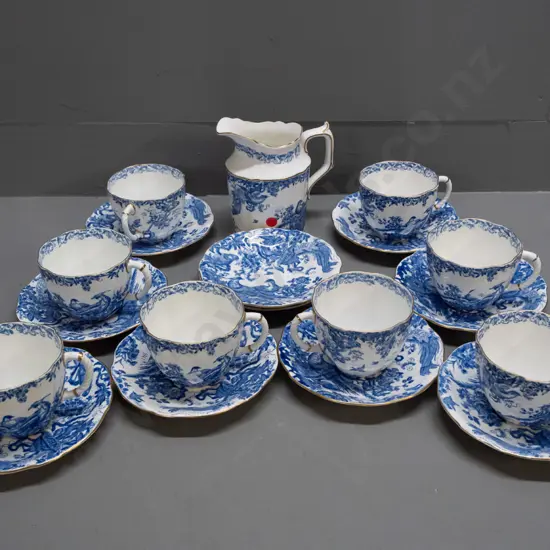 vintage Royal Crown Derby blue & white floral and pheasant motif tea ware - 8 breakfast cups & saucers, jug, 2 extra