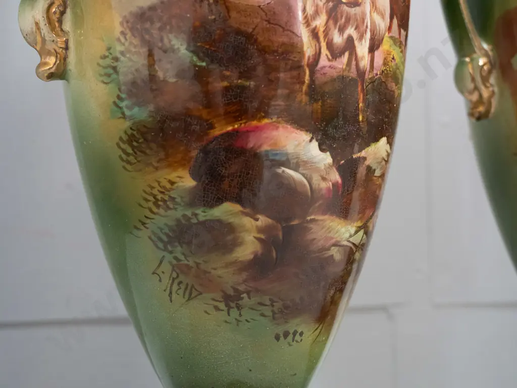 pair of English Victorian vases with highland cattle scenes, gilt decoration, hand-decorated transfer, L. Reid signature Image 1++