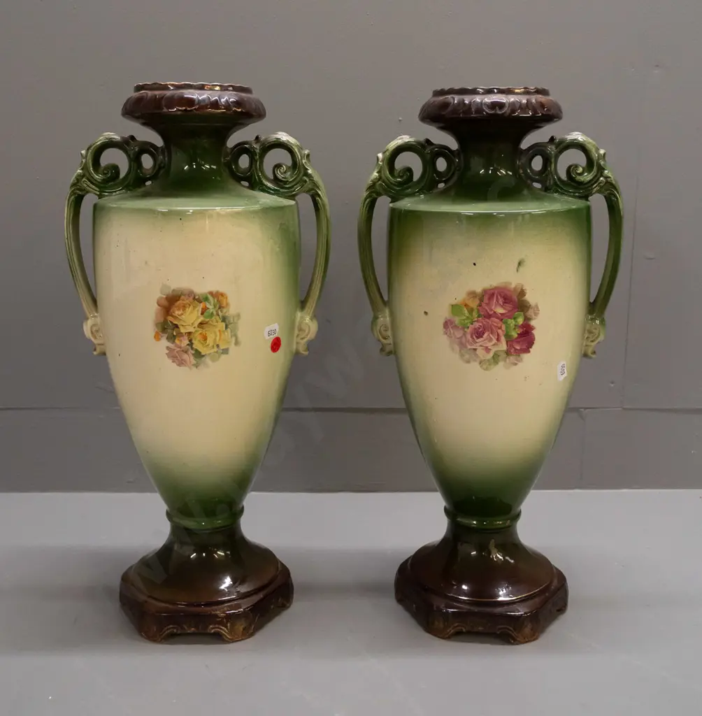 pair of English Victorian vases with highland cattle scenes, gilt decoration, hand-decorated transfer, L. Reid signature Image 1++