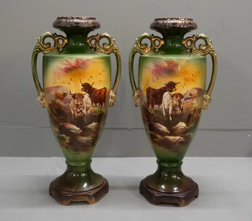pair of English Victorian vases with highland cattle scenes, gilt decoration, hand-decorated transfer, L. Reid signature Image 1++