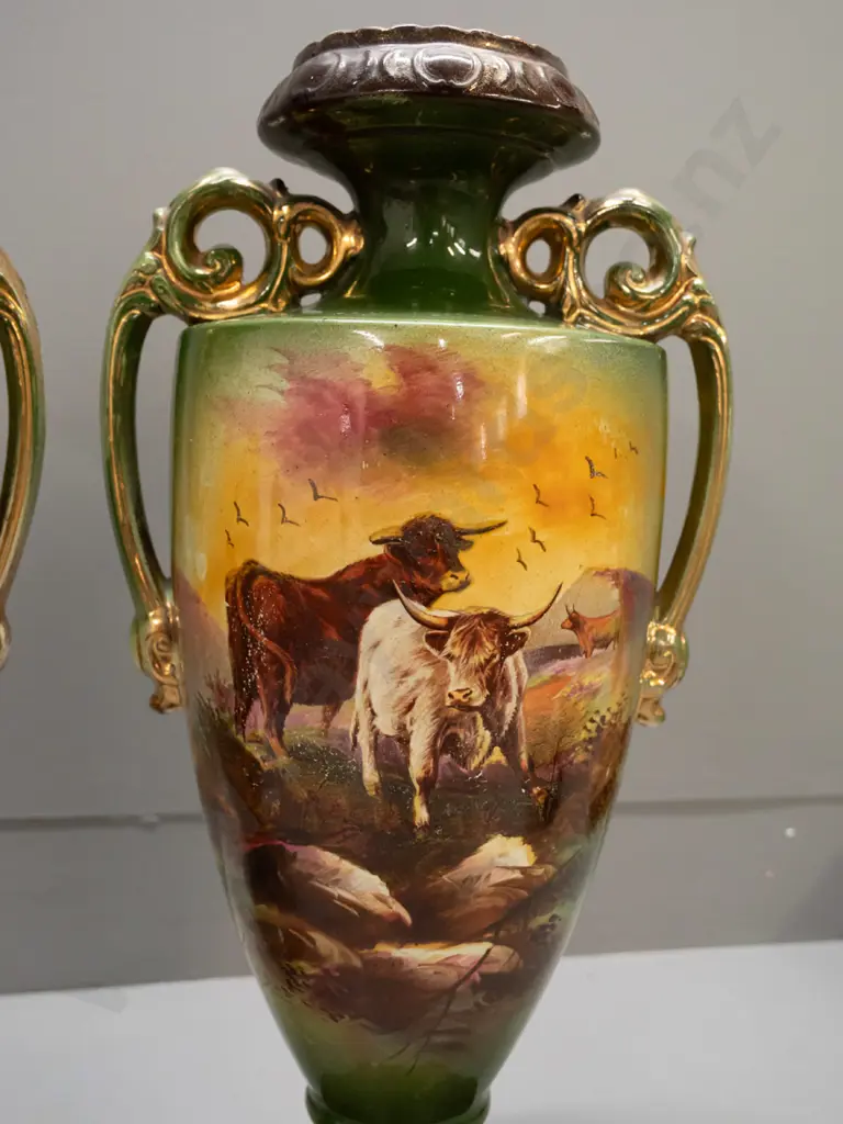 pair of English Victorian vases with highland cattle scenes, gilt decoration, hand-decorated transfer, L. Reid signature Image 1++