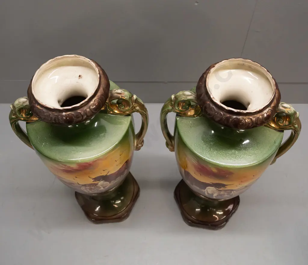 pair of English Victorian vases with highland cattle scenes, gilt decoration, hand-decorated transfer, L. Reid signature Image 1++