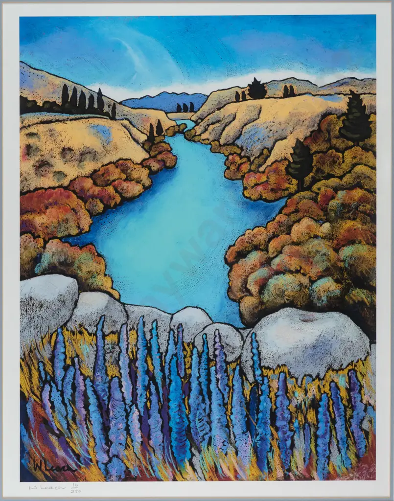 Wendy Leach -- limited edition framed giclée print "Kawarau River with Wild Lupins" 16/50 H-525 W-410 Image 1++