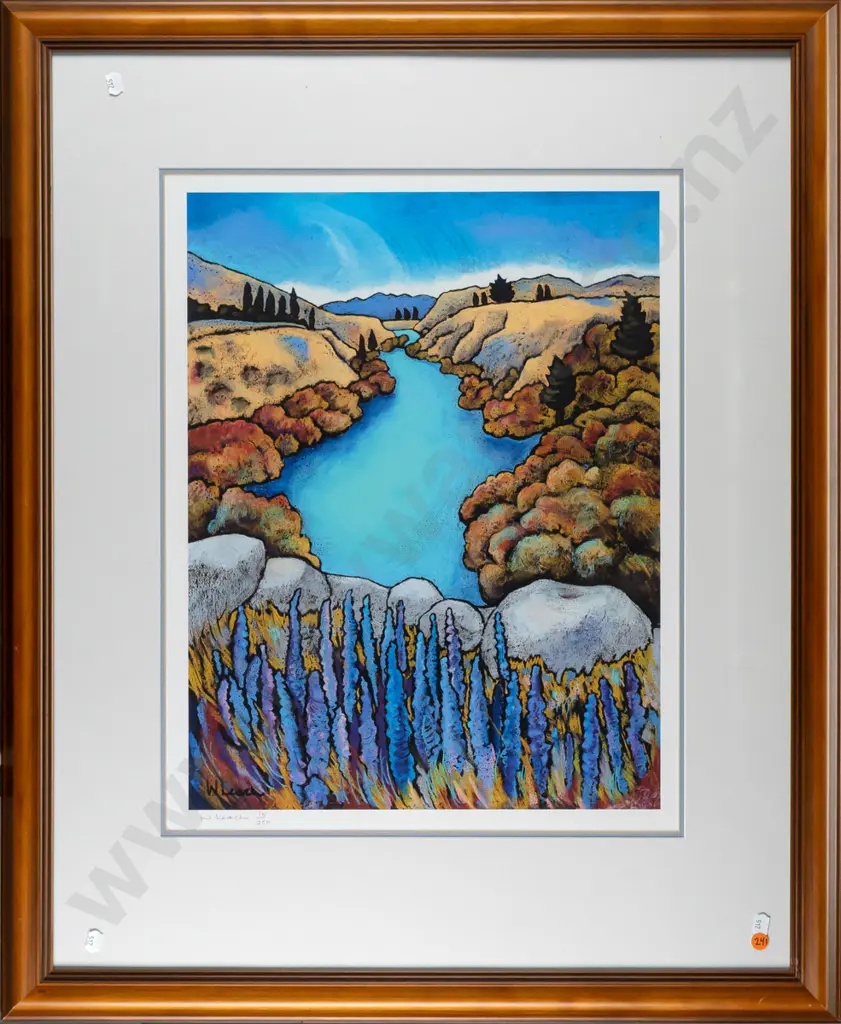 Wendy Leach -- limited edition framed giclée print "Kawarau River with Wild Lupins" 16/50 H-525 W-410 Image 1++