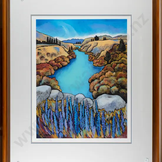 Wendy Leach -- limited edition framed giclée print "Kawarau River with Wild Lupins" 16/50 H-525 W-410