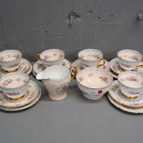 Shelley "Crochet" pattern tea ware - 6 trios, cream & sugar - some wear to gilt on handles