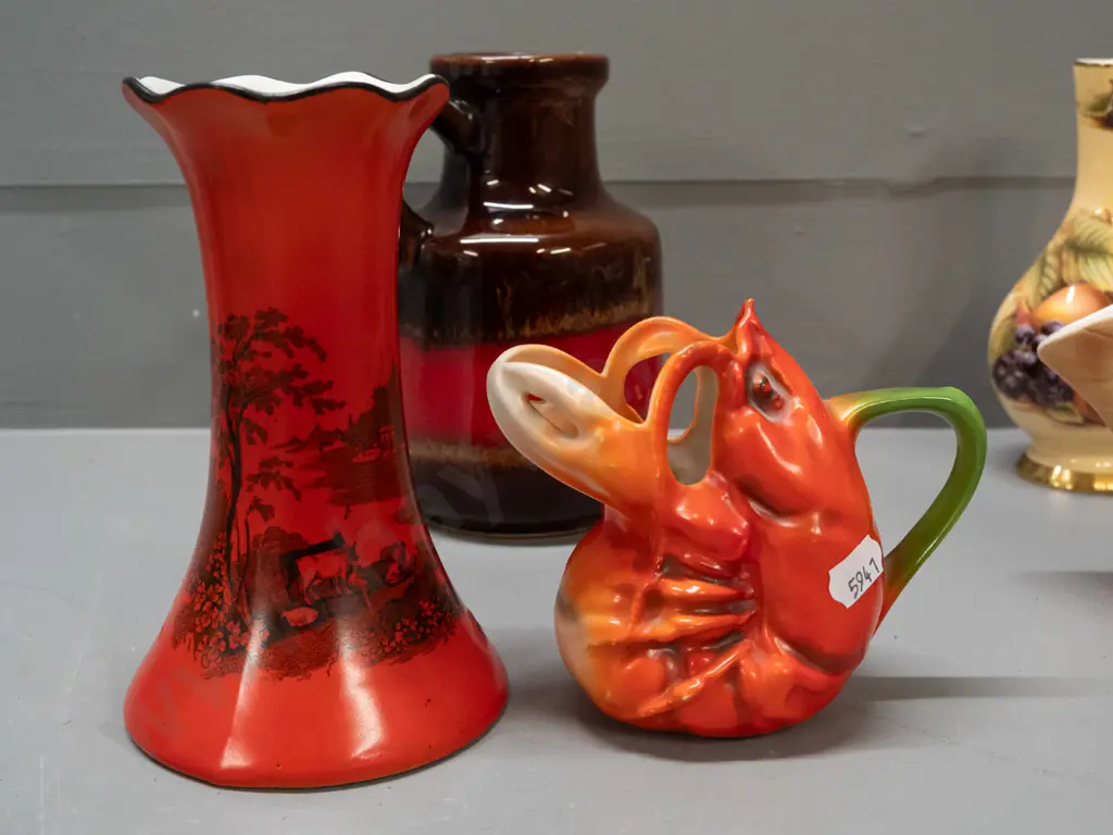 5 assorted vases - Adams classical scene, Aynsley Orchard Gold, moth-shaped trough, Bavarian lobster jug vase and a Image 1++