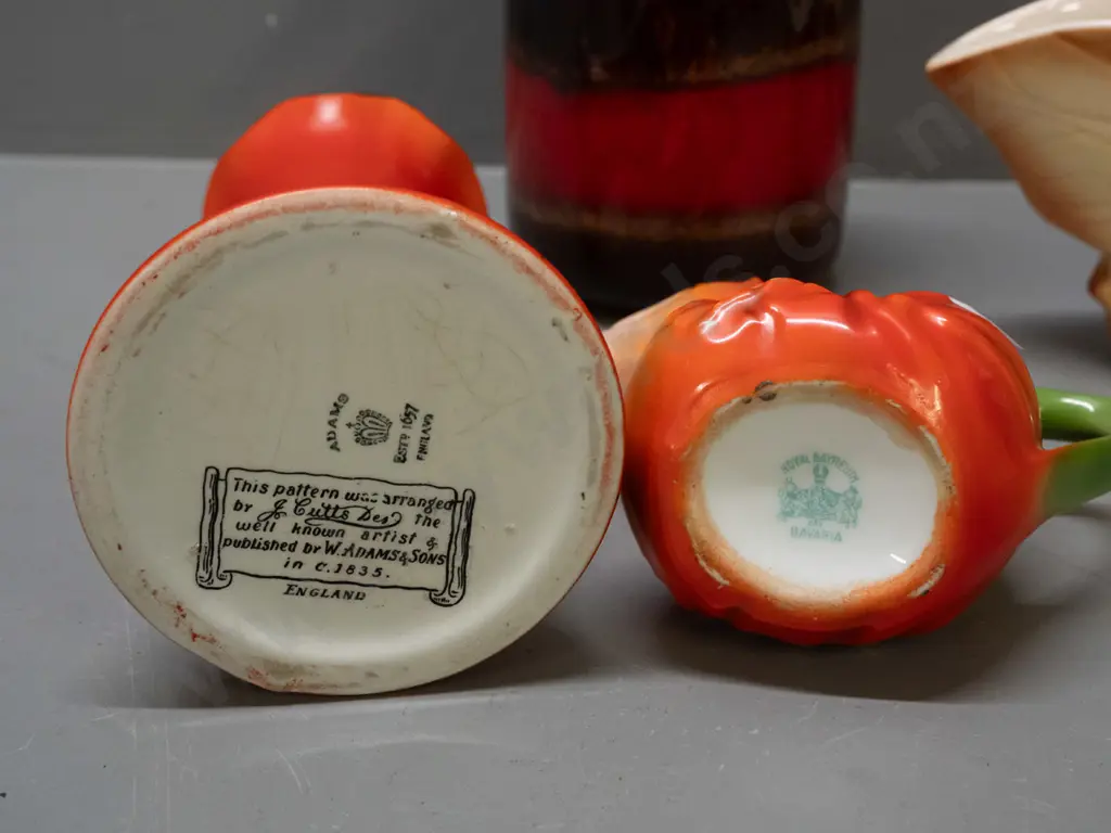 5 assorted vases - Adams classical scene, Aynsley Orchard Gold, moth-shaped trough, Bavarian lobster jug vase and a Image 1++