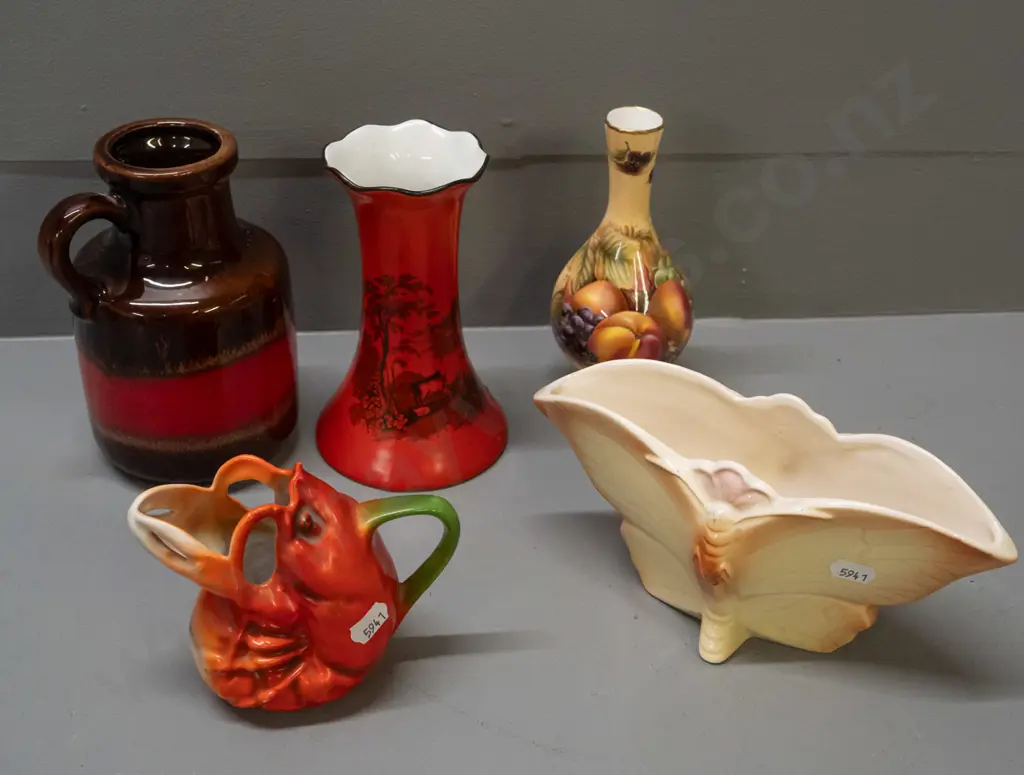 5 assorted vases - Adams classical scene, Aynsley Orchard Gold, moth-shaped trough, Bavarian lobster jug vase and a Image 1++