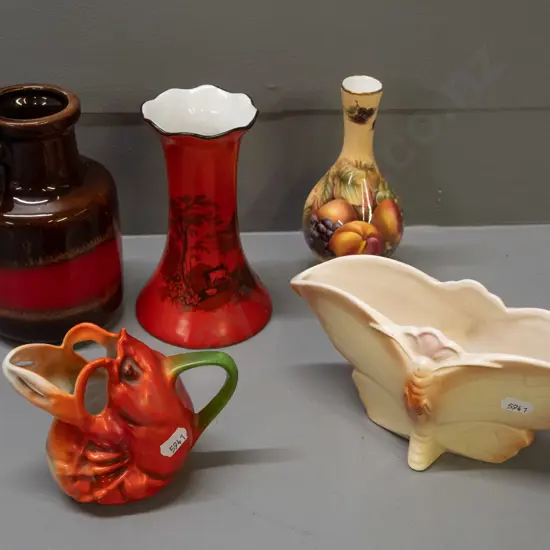 5 assorted vases - Adams classical scene, Aynsley Orchard Gold, moth-shaped trough, Bavarian lobster jug vase and a