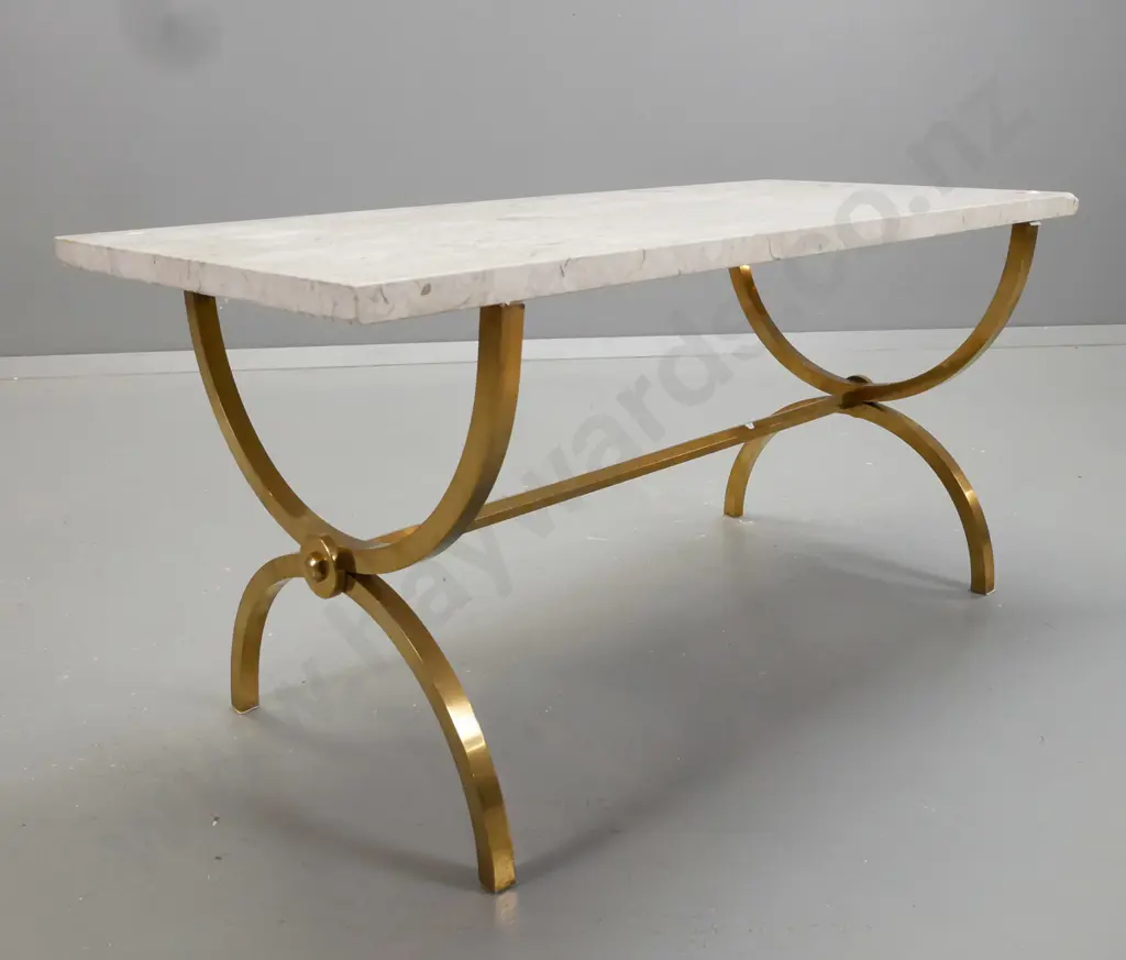 stone or composite stone topped coffee table on brass U-shaped stretcher base. Chip to one corner, base needs tightening Image 1++