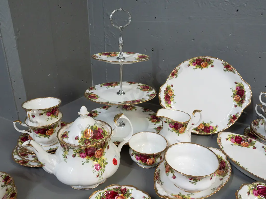 Royal Albert Old Country Roses tea set with extras - teapot, 12 trios, cake plate,3-tier cake stand, creamer, 2 sugars Image 1++